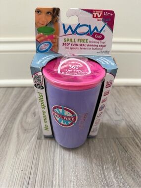 Wow Cup 360-degree spill-free drinking cup for kids, purple w/ pink lid, NEW 9oz